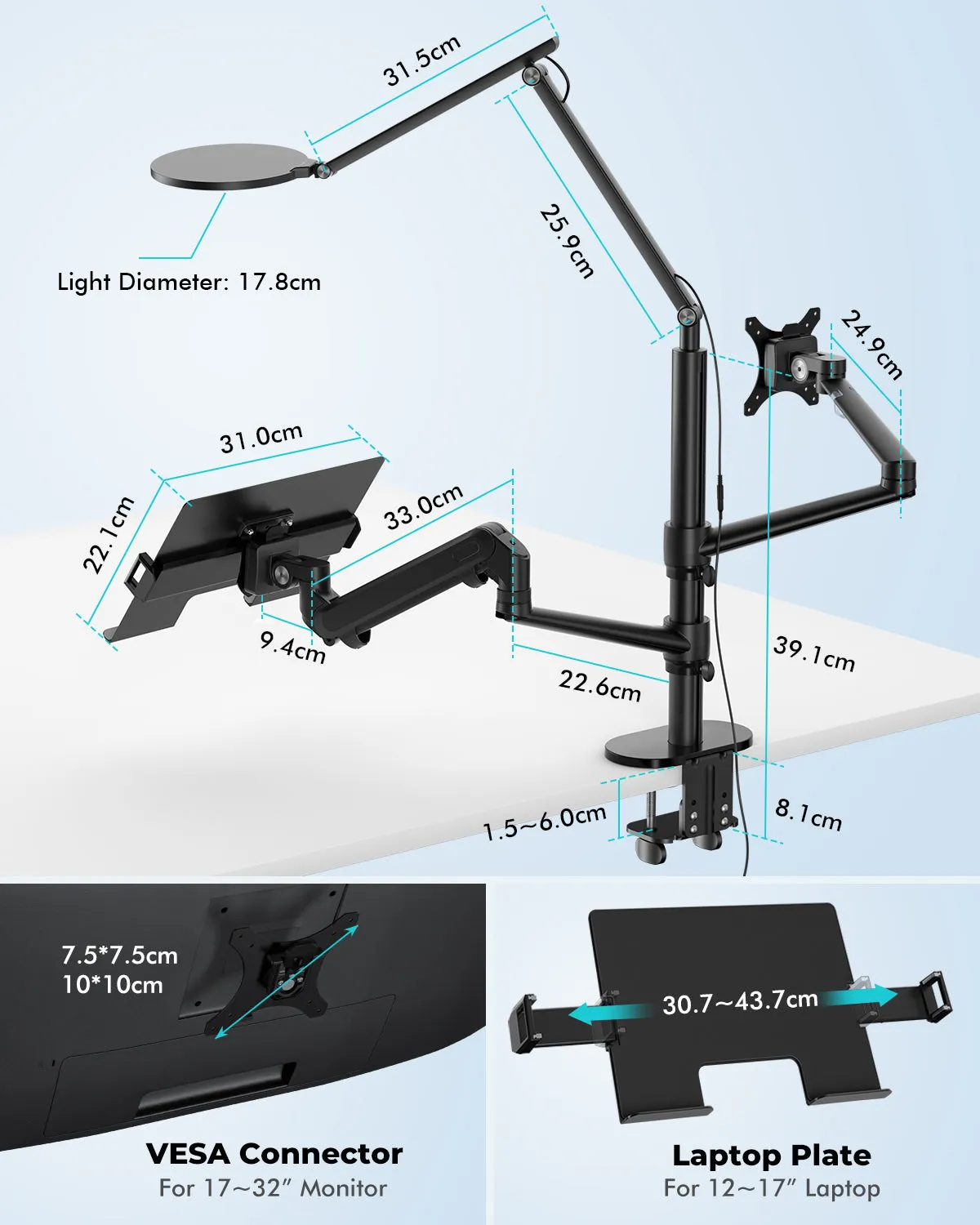3 in 1 Monitor & Laptop Desk Mount with 7" LED Ring Light, Gas Spring Arm Height & Angle Adjustable (3LT-PRO)