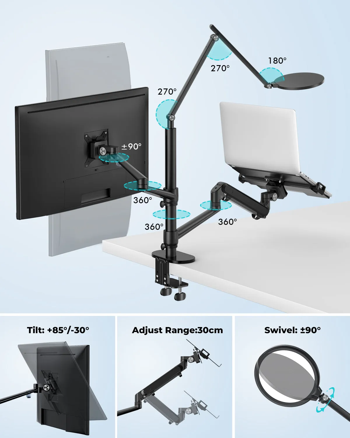 3 in 1 Monitor & Laptop Desk Mount with 7" LED Ring Light, Gas Spring Arm Height & Angle Adjustable (3LT-PRO)