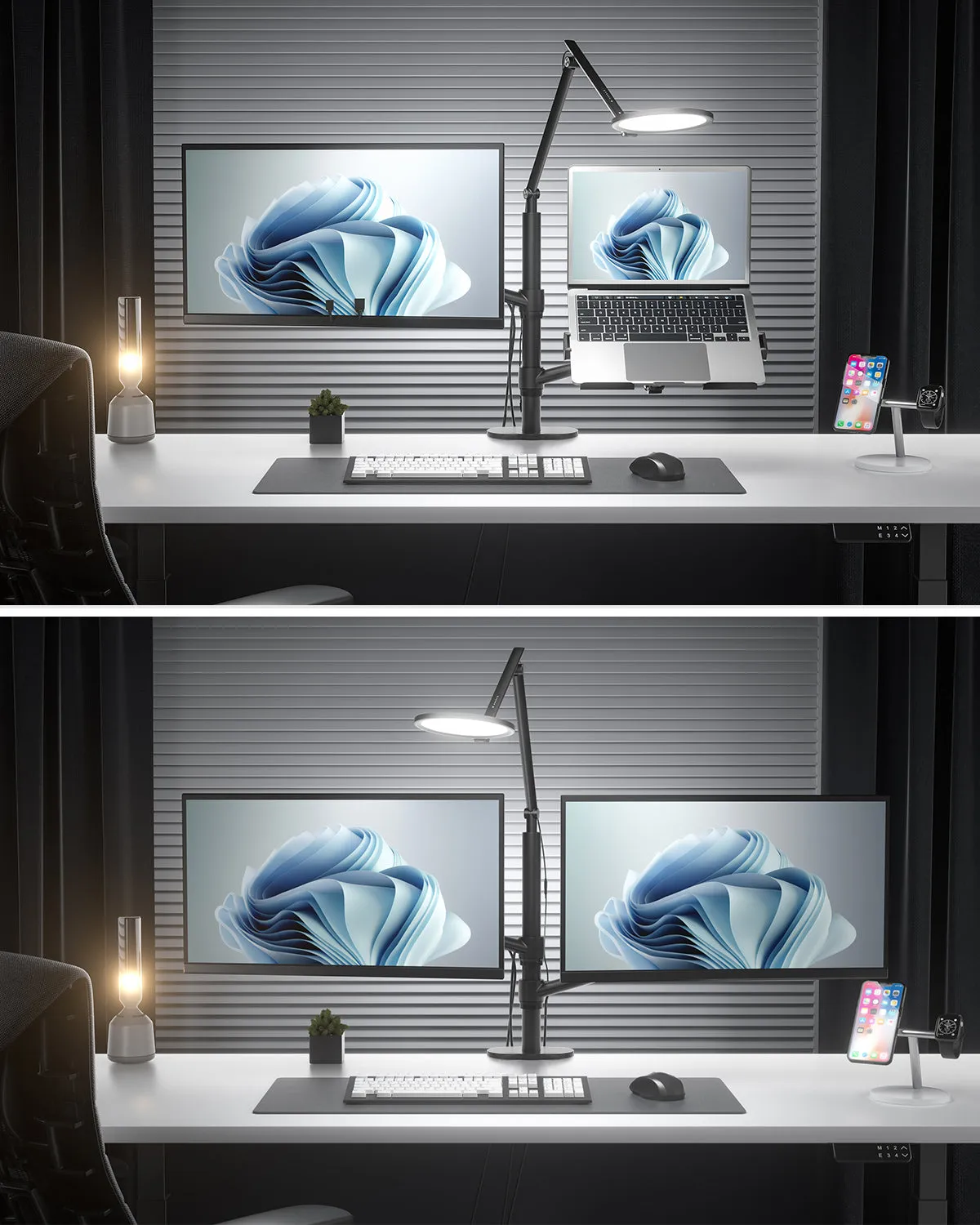 3 in 1 Monitor & Laptop Desk Mount with 7" LED Ring Light, Gas Spring Arm Height & Angle Adjustable (3LT-PRO)